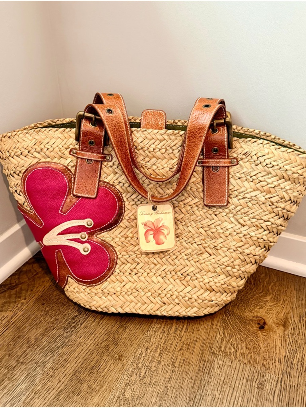 Tommy Bahama Straw Tote with Pink Flower and Brown Leather Handles